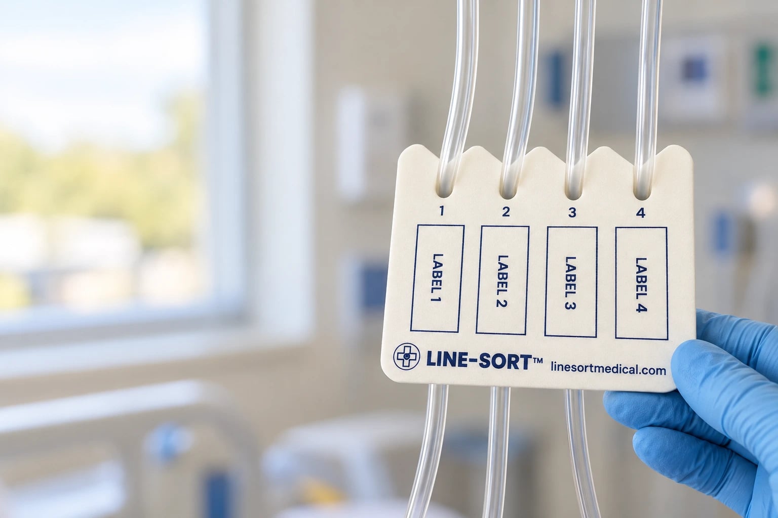 Gloved hand holding a Line-Sort pad with four numbered IV tubing channels in a clinical setting